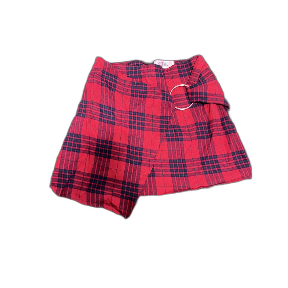 Red Tartan Plaid Wrap Mini Skirt — Asymmetric Hem, Grunge Prep